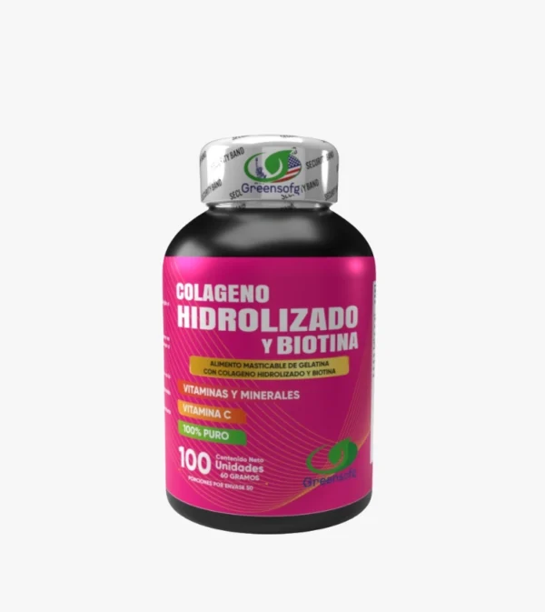 Colágeno Hidrolizado Biotina Alta Dosis 100 Tabletas Masticables Piel Radiante Colágeno + Biotina Masticables 100 Tabletas Piel Pelo Uñas Antiedad Sabor Frutal