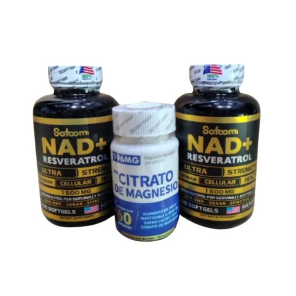 Combo Antiedad Satoomi: 2 NAD+ 1500 mg Liposomal + Citrato Magnesio 196 mg 60 uds Pack 2 NAD+ Resveratrol Liposomal Satoomi 1500 mg + Magnesio Citrato 196 mg 60 caps