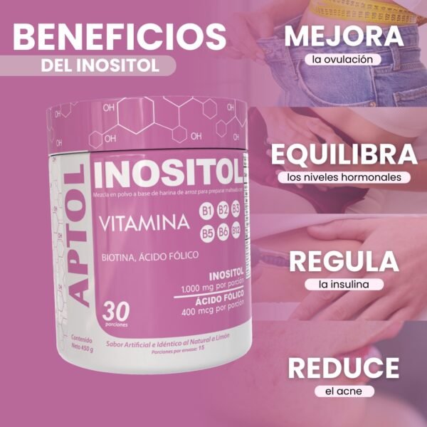 Inositol 1000 mg + Ácido Fólico y Vitaminas B – Aptol Sabor Limón 450 g – Equilibrio Hormonal y Bienestar Femenino Inositol 1000 mg Aptol sabor limón – suplemento con ácido fólico y vitaminas B para equilibrio hormonal en mujeres, SOP y ovulación – 450 g 15 porciones